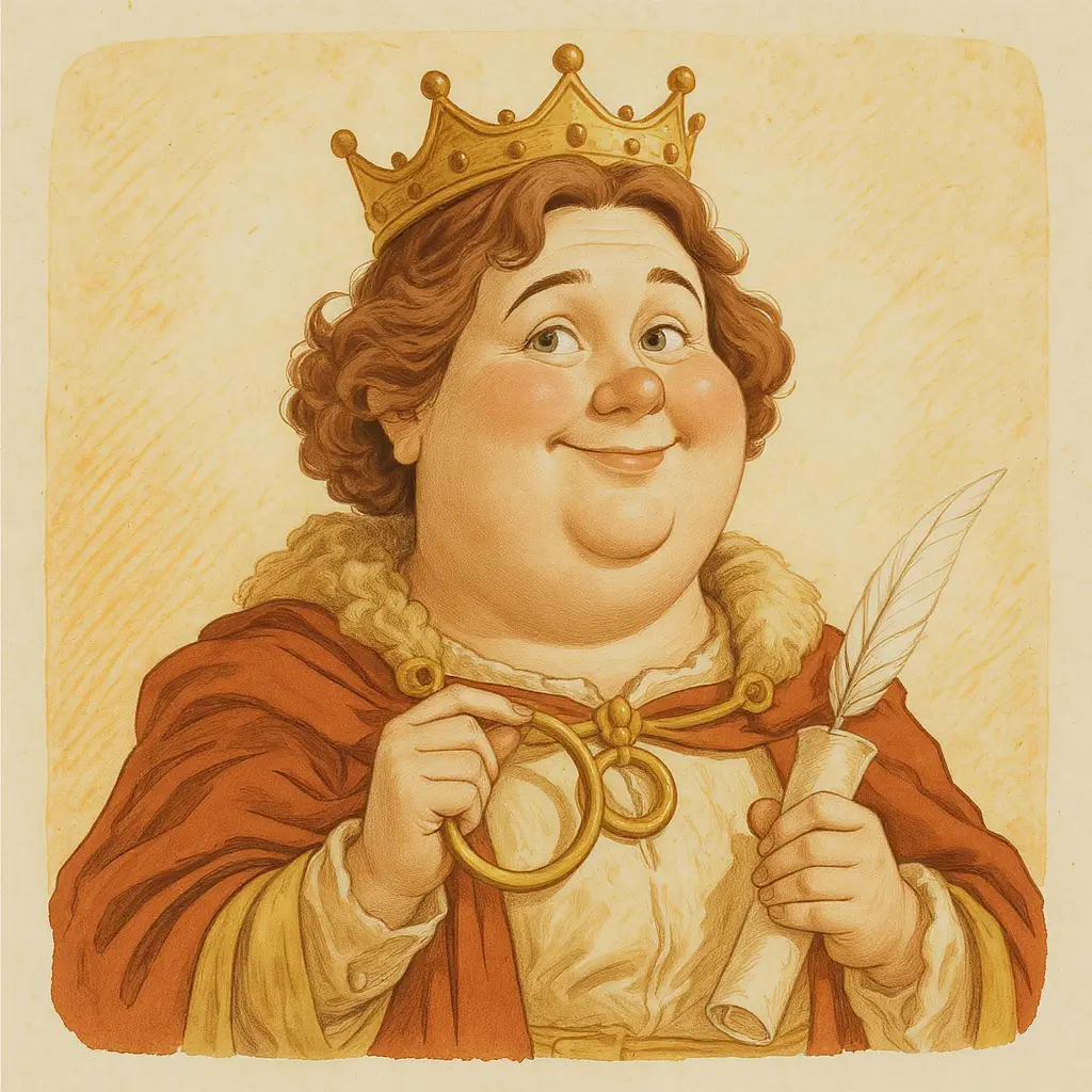 Warm caricature of a medieval monarch in a simple golden circlet, holding a small rolled parchment and a quill.