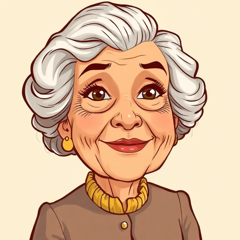 Warm caricature of a retired principal, reading glasses on a lanyard, kind expression.