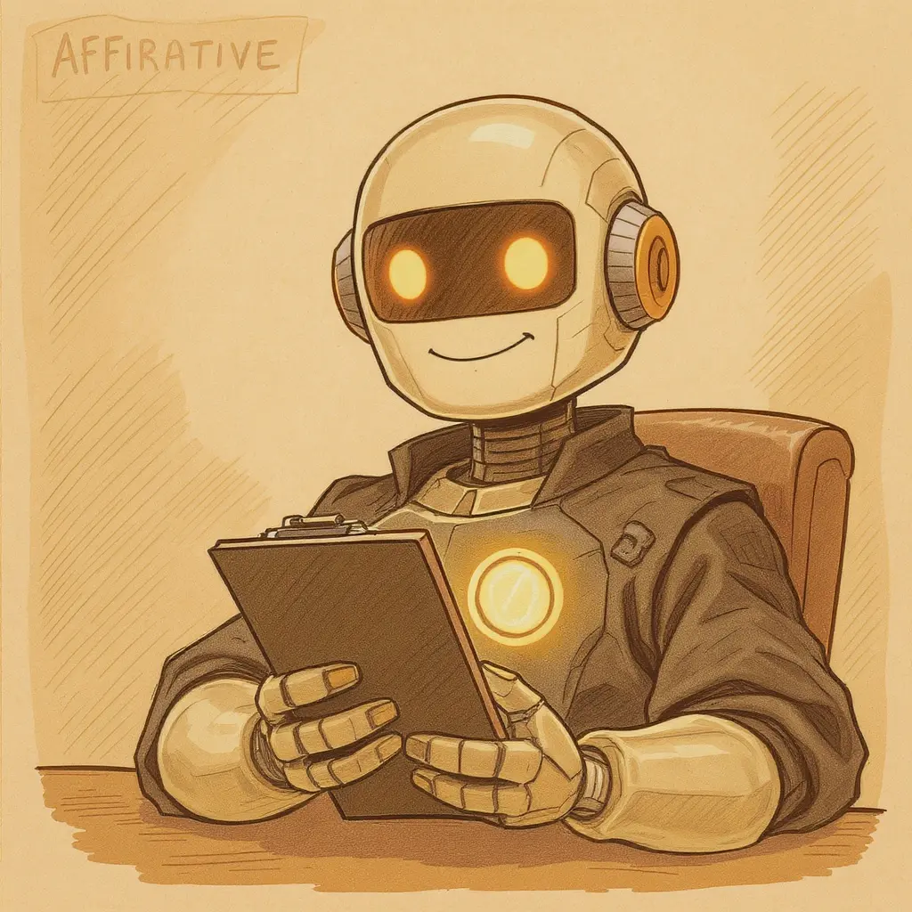 Warm caricature of a friendly home robot magistrate with subtle antennae and a soft glowing chest panel, holding a small clipboard.