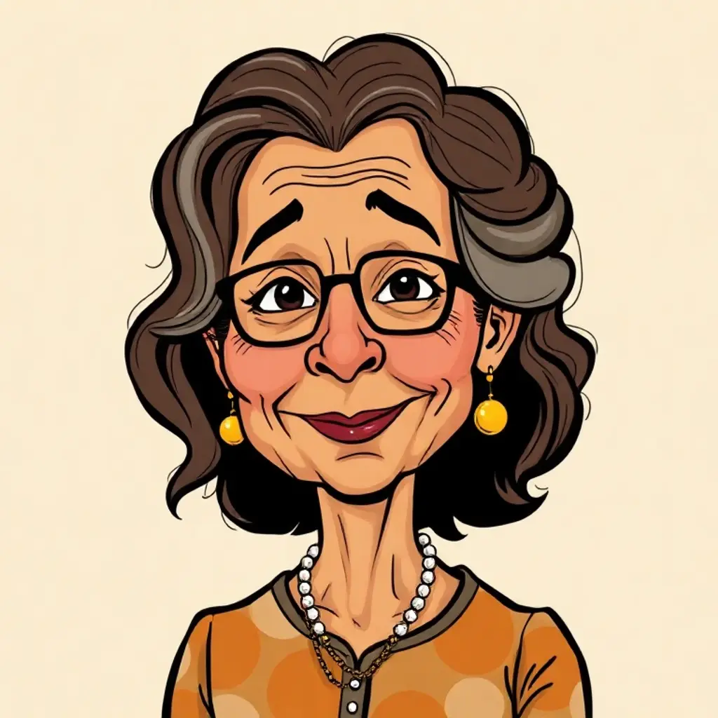 Warm caricature of the Southern Auntie, in porch light, with an apron and a folded dish towel.