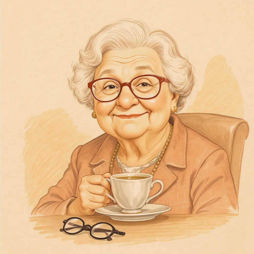 Warm caricature of an unimpressed grandmother with reading glasses on a chain, holding a small china teacup on a saucer.